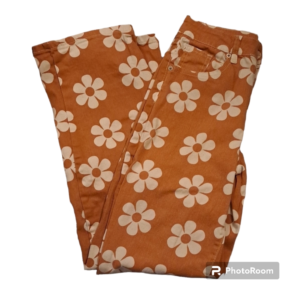 Rue21 High Waist Wide Leg Daisy Flower Print Jeans, small sz 2-4 hippie boho - Picture 3 of 5